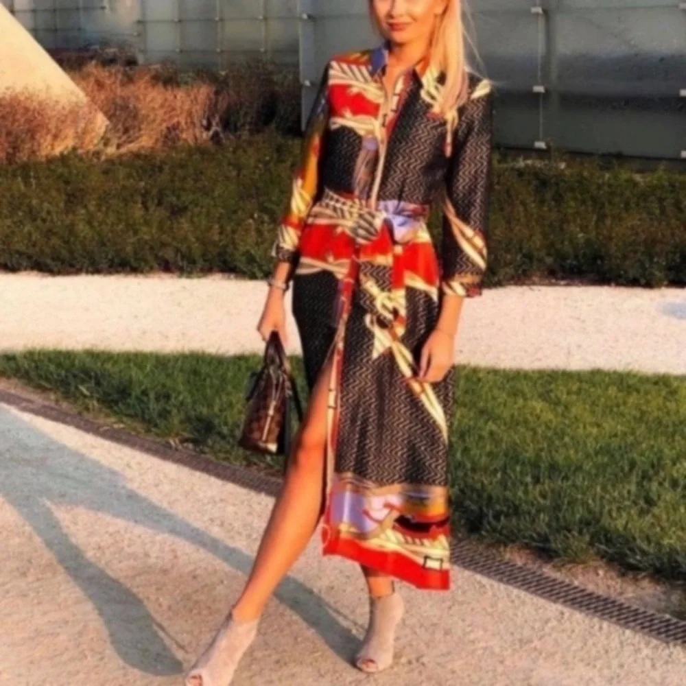 ZARA Scarf Print Midi Maxi Satin Long Sleeve Button Down Shirt Dress - Picture 12 of 14